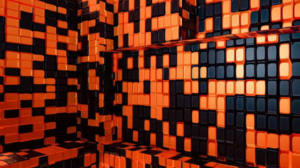 Modern abstract design featuring a vibrant orange and black geometric tile pattern.