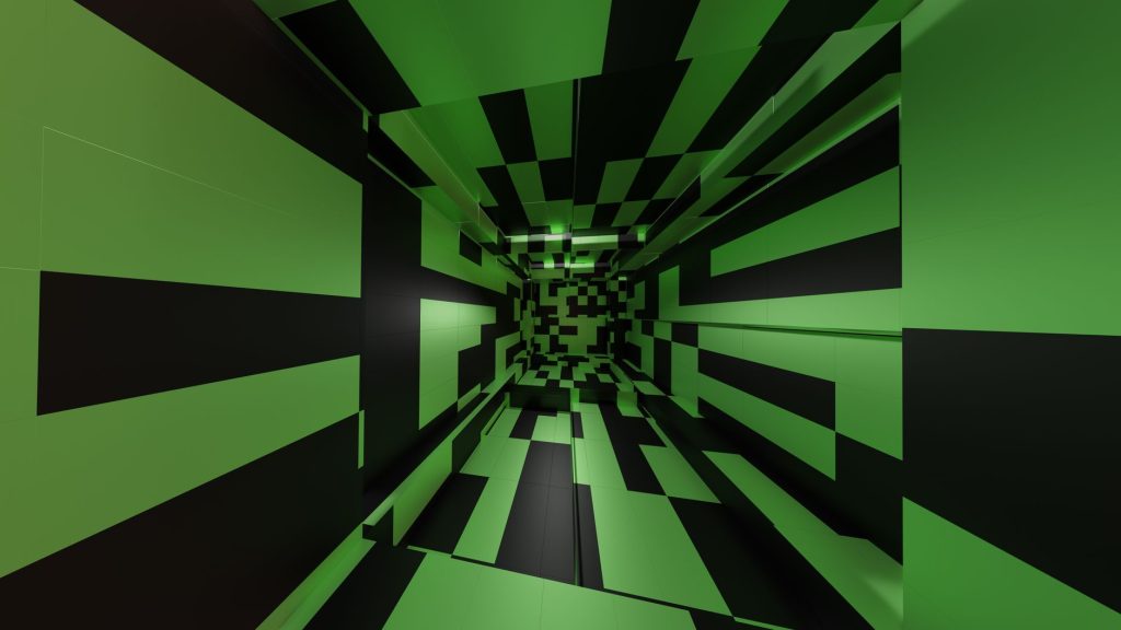 Immersive tunnel design featuring bold green and black geometric patterns creating a dynamic visual experience.