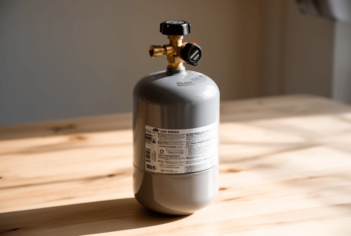 Bonbonne d'hélium moyenne avec régulateur et robinet noir sur table en bois